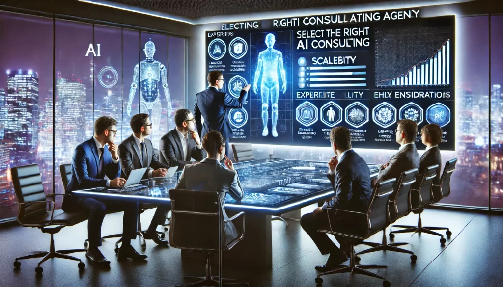 A high-tech corporate meeting where executives discuss selecting the right AI consulting agency. A sleek conference table is surrounded by a diverse team analyzing AI-driven strategy charts, while a large digital screen displays key evaluation criteria like expertise, scalability, and ethical considerations. The setting has a futuristic feel, illuminated by cool blue lighting.
