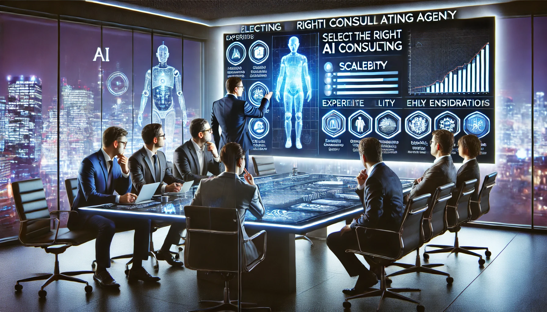 A high-tech corporate meeting where executives discuss selecting the right AI consulting agency. A sleek conference table is surrounded by a diverse team analyzing AI-driven strategy charts, while a large digital screen displays key evaluation criteria like expertise, scalability, and ethical considerations. The setting has a futuristic feel, illuminated by cool blue lighting.