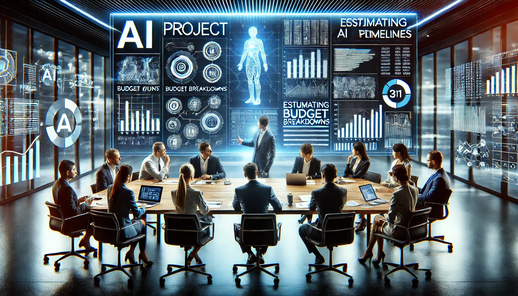 A strategic business meeting where executives and AI specialists estimate AI project costs and timelines. A modern conference table is surrounded by professionals reviewing charts, budget breakdowns, and project timelines displayed on a large digital screen. The high-tech corporate office is illuminated by sleek blue and white lighting, symbolizing innovation and precision in AI project planning.