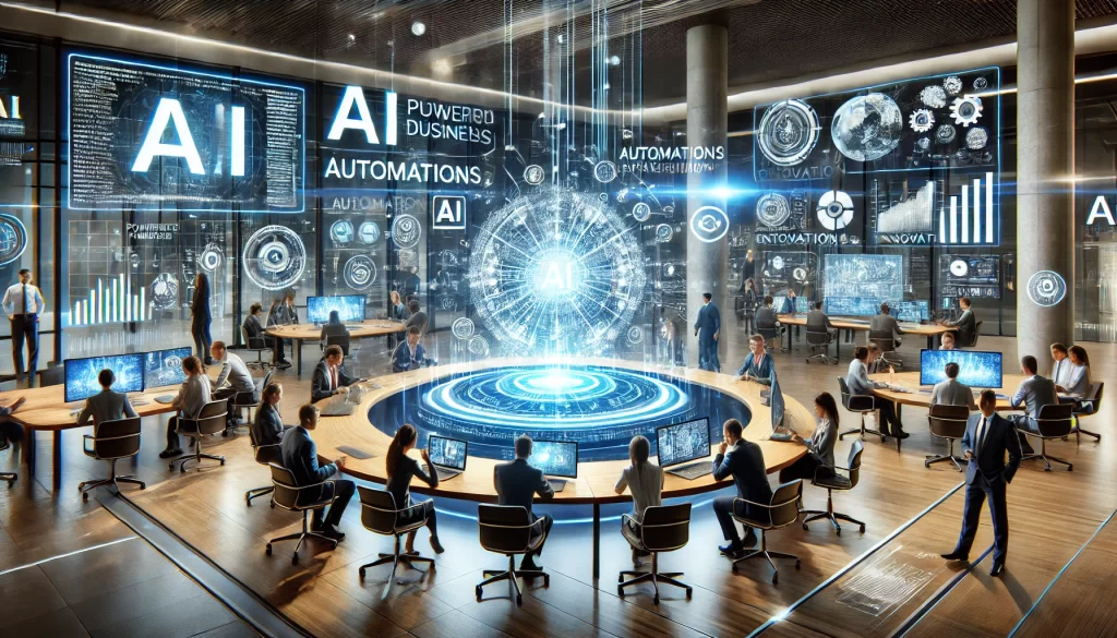 A futuristic business environment where AI transforms operations. A diverse team collaborates in a modern office space, analyzing AI-powered analytics, automation processes, and strategic insights on large digital screens. Holographic projections showcase AI advancements in decision-making, customer experience, and innovation. The setting is sleek and high-tech, illuminated by dynamic blue and white lighting.