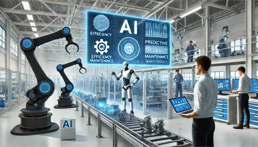 A modern manufacturing facility utilizing AI to enhance productivity. Robotic arms efficiently assemble products on an automated production line, while AI-powered screens display real-time analytics on efficiency, predictive maintenance, and quality control. Engineers monitor AI-driven dashboards, ensuring streamlined operations. The environment is futuristic, well-lit with blue and white tones, representing technological advancement and automation.