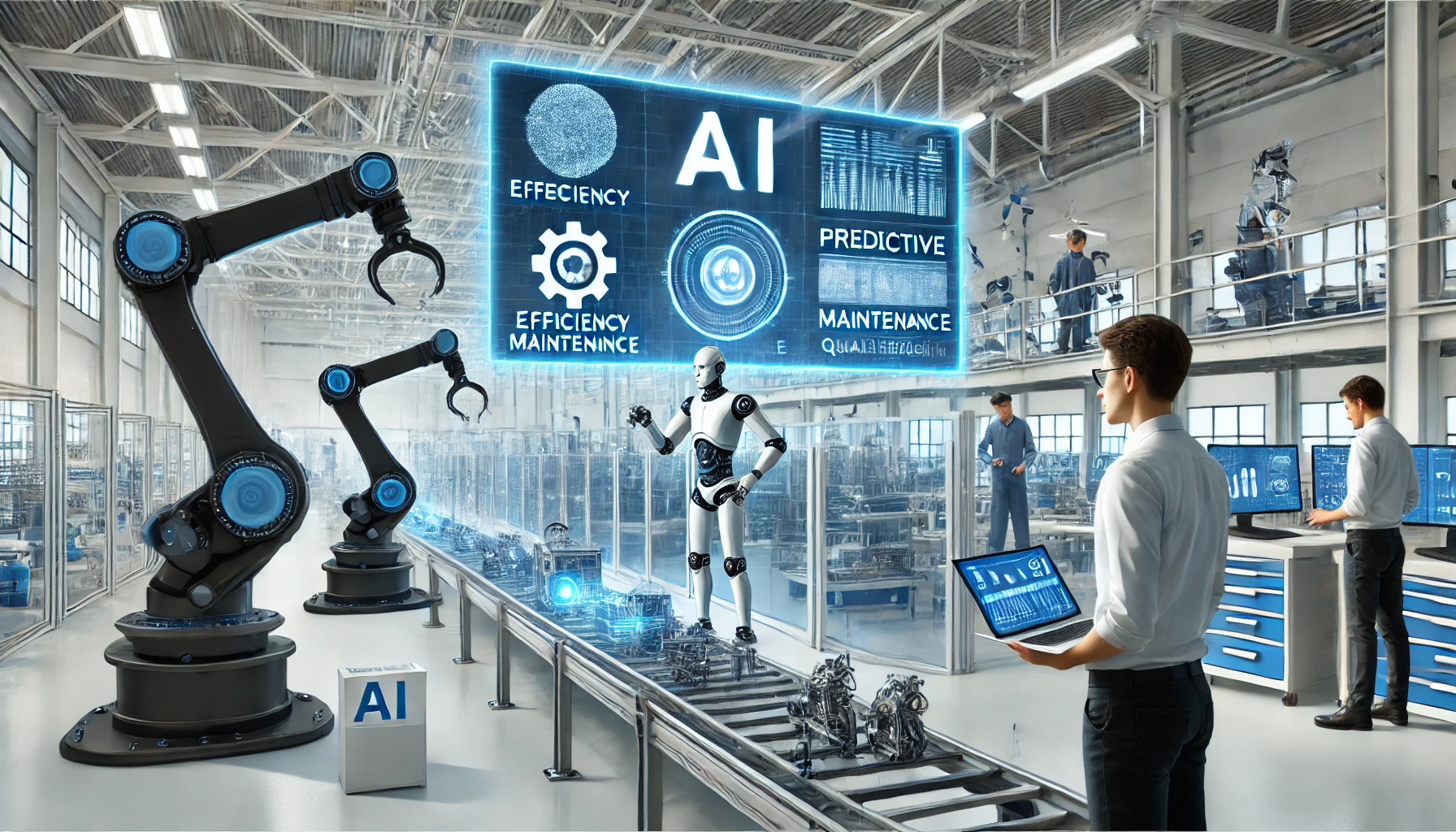 A modern manufacturing facility utilizing AI to enhance productivity. Robotic arms efficiently assemble products on an automated production line, while AI-powered screens display real-time analytics on efficiency, predictive maintenance, and quality control. Engineers monitor AI-driven dashboards, ensuring streamlined operations. The environment is futuristic, well-lit with blue and white tones, representing technological advancement and automation.