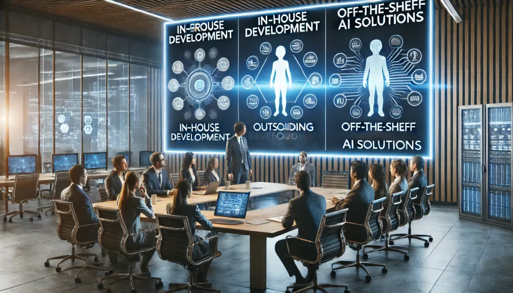 A strategic business meeting where executives and AI specialists discuss AI development strategies. A large digital screen displays a comparison chart outlining the advantages and challenges of in-house development, outsourcing, and off-the-shelf AI solutions. The setting is a modern corporate office with futuristic elements, illuminated by sleek blue and white lighting, symbolizing innovation and decision-making.
