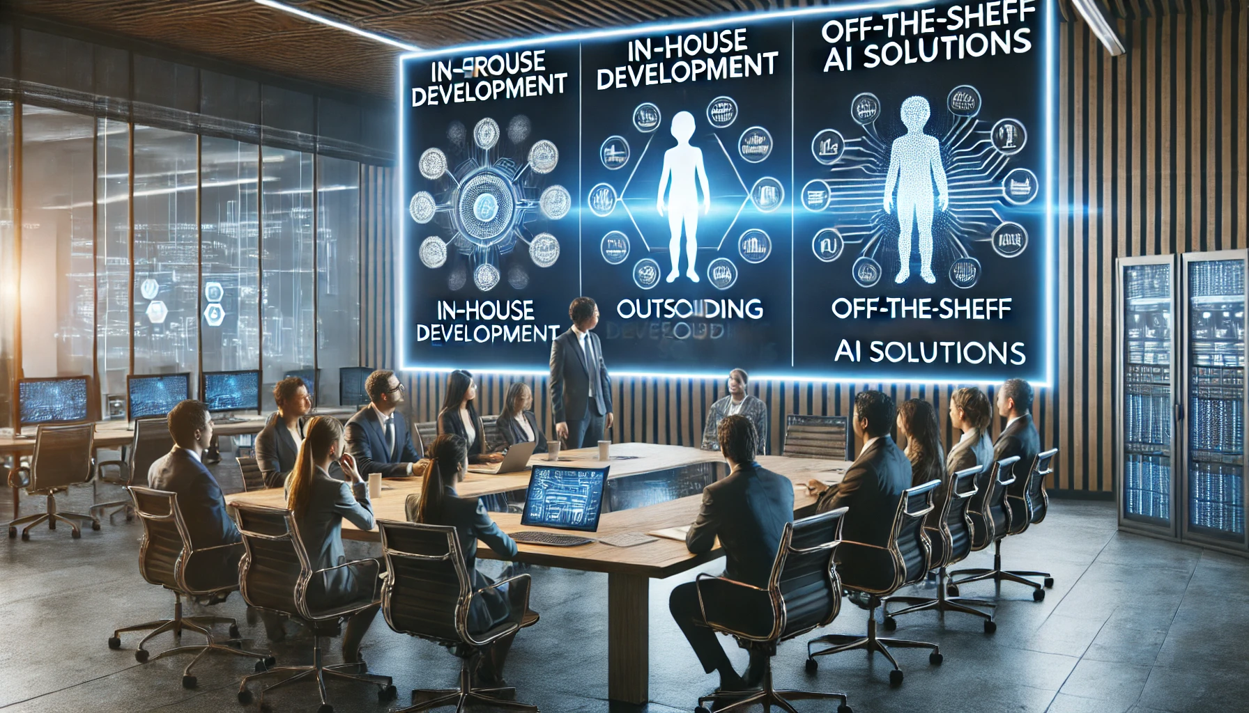 A strategic business meeting where executives and AI specialists discuss AI development strategies. A large digital screen displays a comparison chart outlining the advantages and challenges of in-house development, outsourcing, and off-the-shelf AI solutions. The setting is a modern corporate office with futuristic elements, illuminated by sleek blue and white lighting, symbolizing innovation and decision-making.