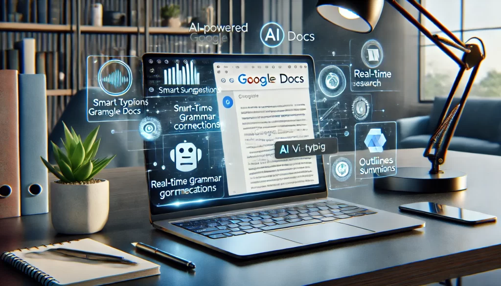 A modern workspace showcasing AI-powered Google Docs in action. A laptop screen displays an AI-enhanced document with smart suggestions, real-time grammar corrections, and automated research citations. A voice typing tool is actively transcribing speech, while a sidebar highlights AI-driven outlines and summaries. The environment is sleek and high-tech, with a productivity-focused atmosphere and soft blue lighting.