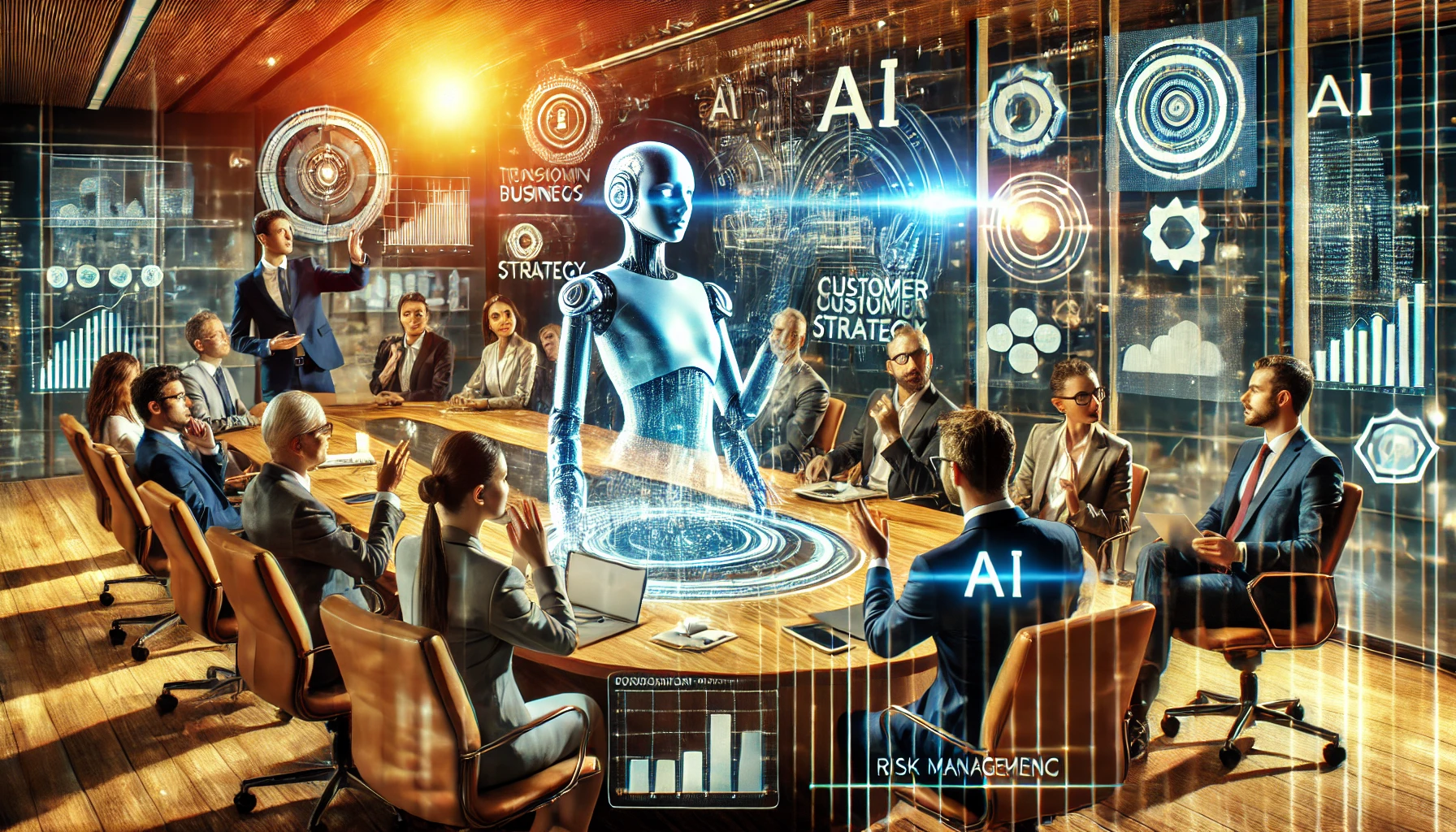 A dynamic corporate boardroom where executives discuss AI-driven business strategy. Futuristic holographic displays showcase AI insights on decision-making, customer trends, and risk management. A robotic assistant interacts with a digital interface, symbolizing AI's role in corporate efficiency. The setting is modern and innovative, with warm ambient lighting and a cutting-edge aesthetic.