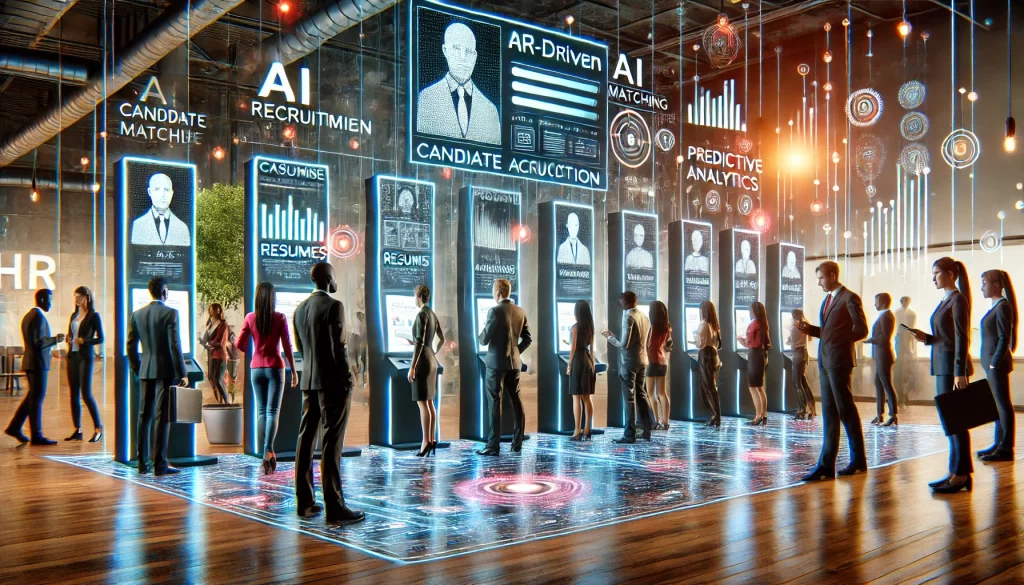 A futuristic HR recruitment center using AI for talent acquisition. Job candidates interact with AI-powered kiosks analyzing resumes and providing instant feedback. A large digital screen displays AI-driven candidate matching, predictive analytics, and hiring trends, while an HR professional monitors the process using a smart dashboard. The setting is modern and vibrant, blending human interaction with cutting-edge technology.