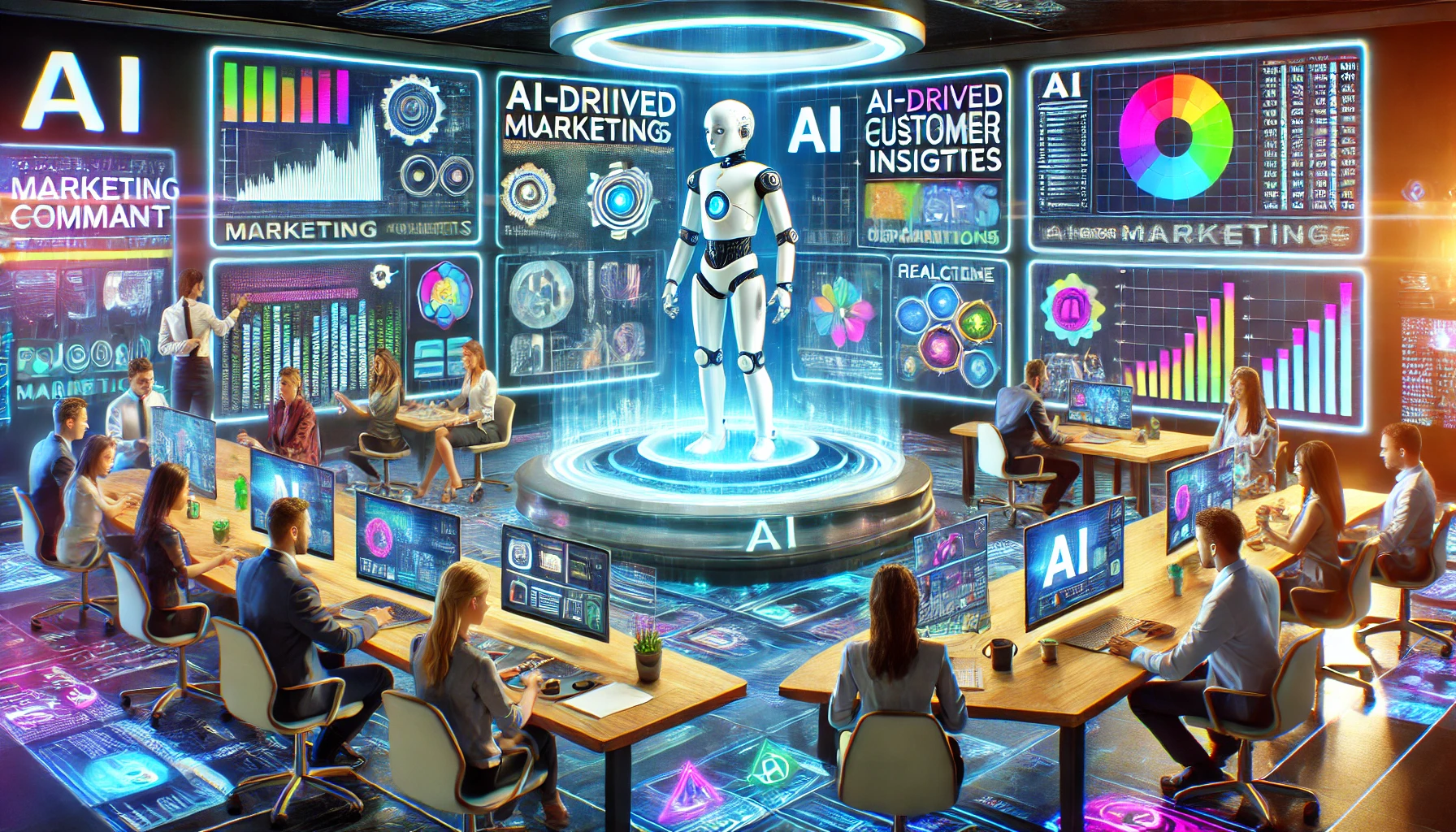 A futuristic marketing command center powered by AI. A diverse team of marketers collaborates around a high-tech workspace with holographic screens showcasing AI-driven customer insights, predictive analytics, and personalized ad campaigns. A robotic assistant suggests marketing strategies, while an AI-powered dashboard optimizes real-time ad performance. The setting is vibrant and dynamic, with colorful digital accents symbolizing innovation and creativity.
