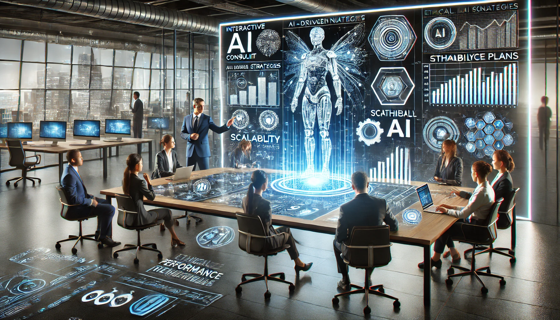 A futuristic AI consulting session in a modern corporate office. Business executives collaborate with an AI consultant, analyzing holographic displays showcasing AI strategies, scalability plans, and ethical AI guidelines. A digital assistant projects real-time performance metrics on a transparent screen. The setting blends advanced technology with strategic business planning in a sleek, professional environment.
