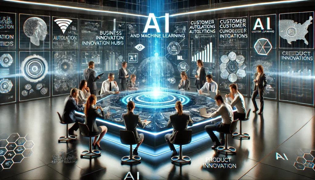 A futuristic business innovation hub where AI and Machine Learning converge. A diverse team collaborates around a high-tech digital table, analyzing real-time data visualizations and predictive analytics. Holographic displays showcase AI-driven automation, customer insights, and product innovation strategies. The setting is sleek, modern, and illuminated with dynamic lighting, symbolizing cutting-edge technological synergy.