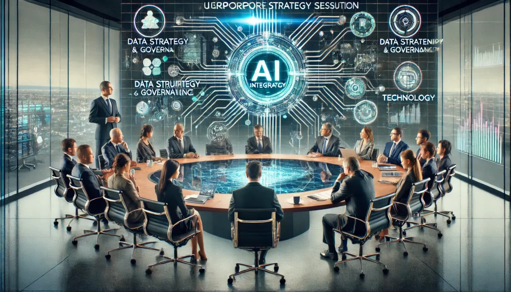 A unique corporate strategy session focused on AI integration. A diverse team of business leaders and AI specialists gathers around a sleek conference table, analyzing a digital roadmap for AI strategy. A holographic display projects key AI components such as data strategy, governance, and technology selection. The setting blends futuristic technology with a professional corporate atmosphere.