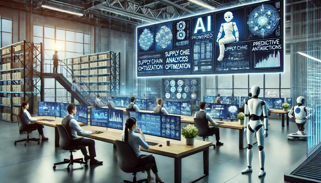 A futuristic operations control center where AI drives business efficiency. A team of professionals monitors AI-powered dashboards displaying real-time analytics, supply chain optimization, and automated workflow insights. A robotic assistant automates routine tasks while predictive analytics screens highlight efficiency improvements. The setting is modern, sleek, and interactive, emphasizing AI-driven productivity.