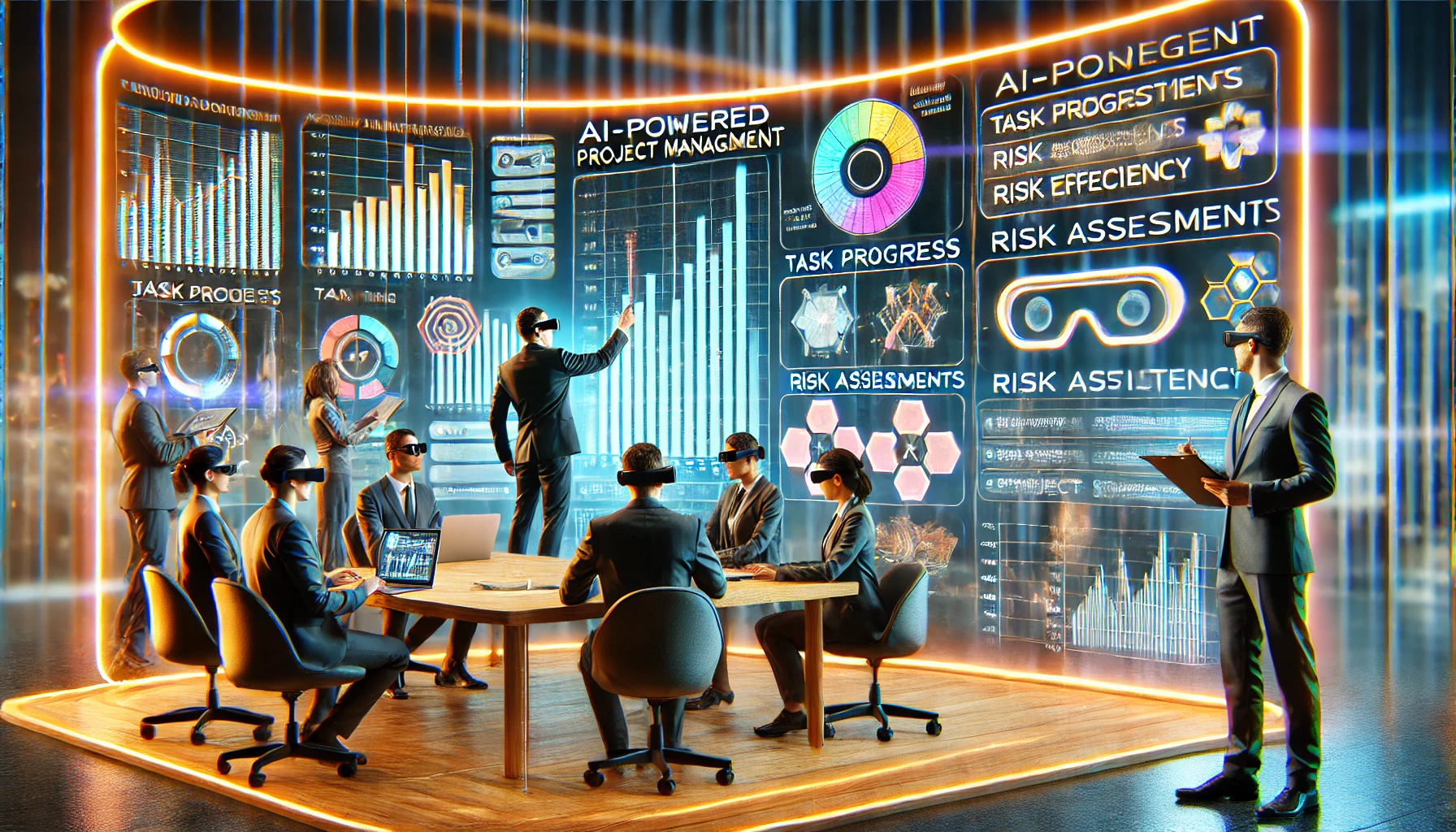 A dynamic AI-powered project management workspace. A team of professionals interacts with an AI-driven smart board displaying task progress, risk assessments, and real-time analytics. A manager uses augmented reality (AR) glasses to visualize workflow efficiency, while a robotic assistant organizes project schedules. The setting is sleek, vibrant, and innovative, featuring a mix of warm and cool lighting.