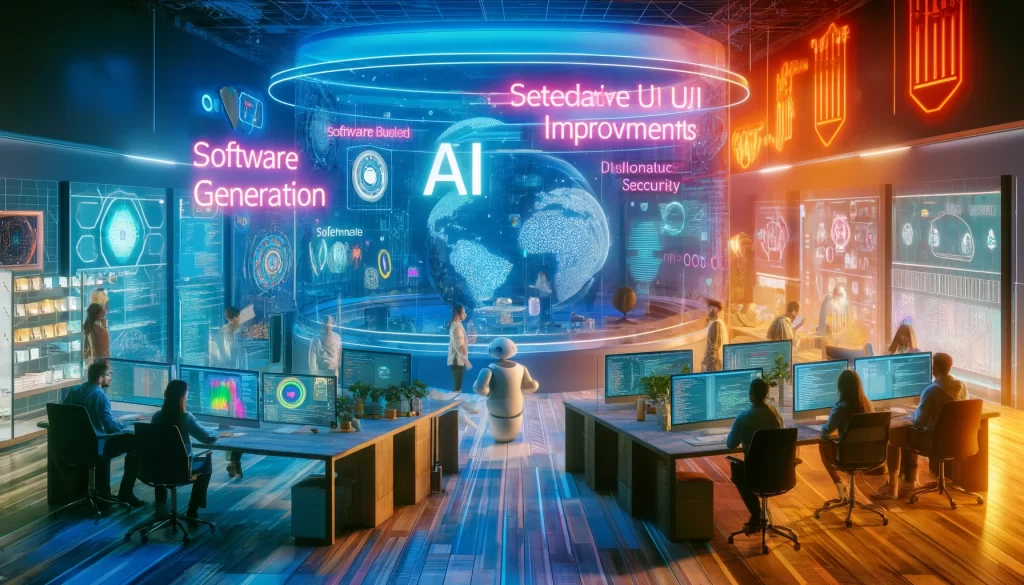 A unique AI-powered software development environment. A team of developers works on large, curved screens displaying AI-driven code generation, automated bug detection, and predictive UI improvements. A robotic assistant reviews software security insights, while an AI-powered voice assistant provides real-time project updates. The workspace blends natural and digital lighting, creating a visually distinct and innovative atmosphere.
