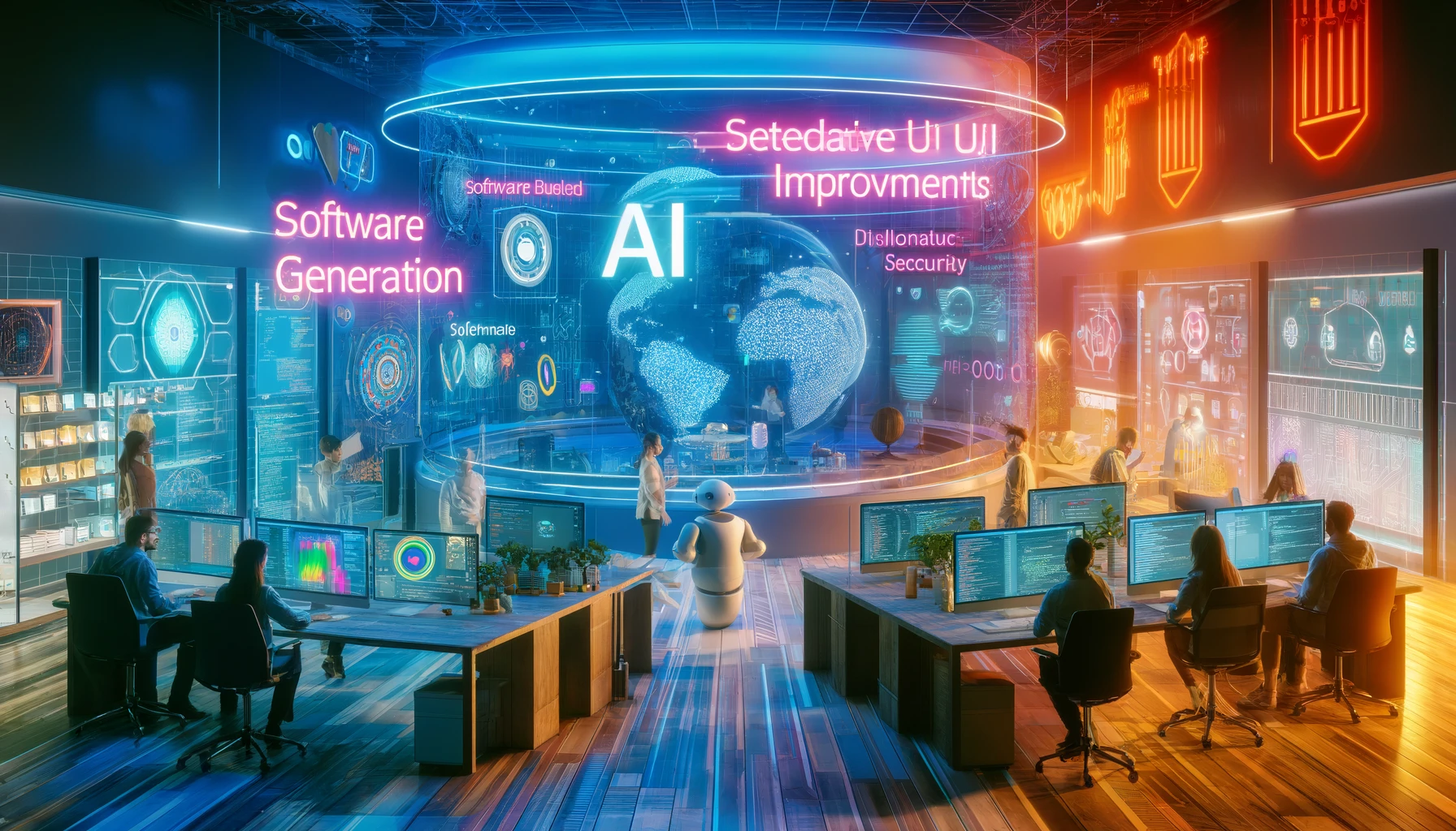 A unique AI-powered software development environment. A team of developers works on large, curved screens displaying AI-driven code generation, automated bug detection, and predictive UI improvements. A robotic assistant reviews software security insights, while an AI-powered voice assistant provides real-time project updates. The workspace blends natural and digital lighting, creating a visually distinct and innovative atmosphere.