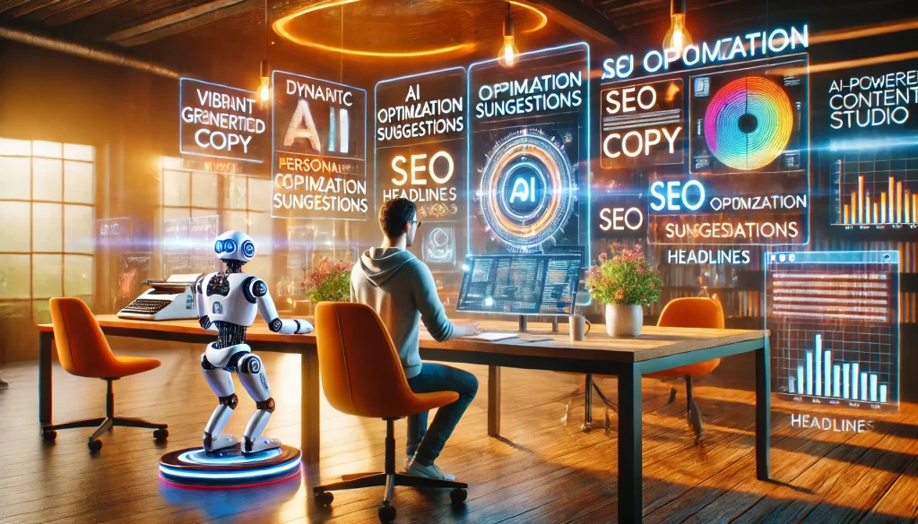 A vibrant AI-powered content creation studio where a writer collaborates with an AI assistant. Dynamic screens display AI-generated copy, SEO optimization suggestions, and personalized content recommendations. A robotic assistant fine-tunes headlines on a holographic display. The setting is creative, high-energy, and futuristic, with warm lighting and an inviting design.