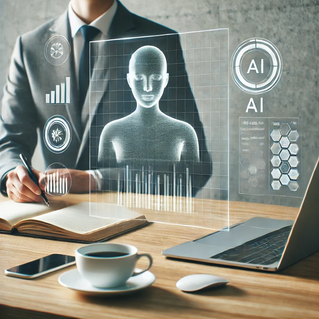 A professional in a modern, minimalist office interacts with an AI-powered consulting system. A sleek desk holds a laptop displaying AI-driven analytics, while a holographic AI assistant provides insights. The setting is clean and uncluttered, emphasizing clarity and efficiency in business decision-making.