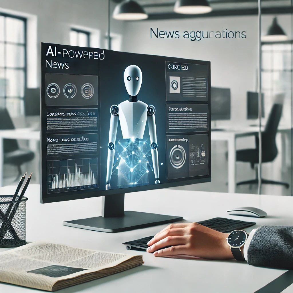 A professional in a modern, minimalist office uses an AI-powered news aggregation tool on a sleek laptop. The screen displays curated news articles, with a simple AI interface providing real-time assistance in a clean and organized workspace.