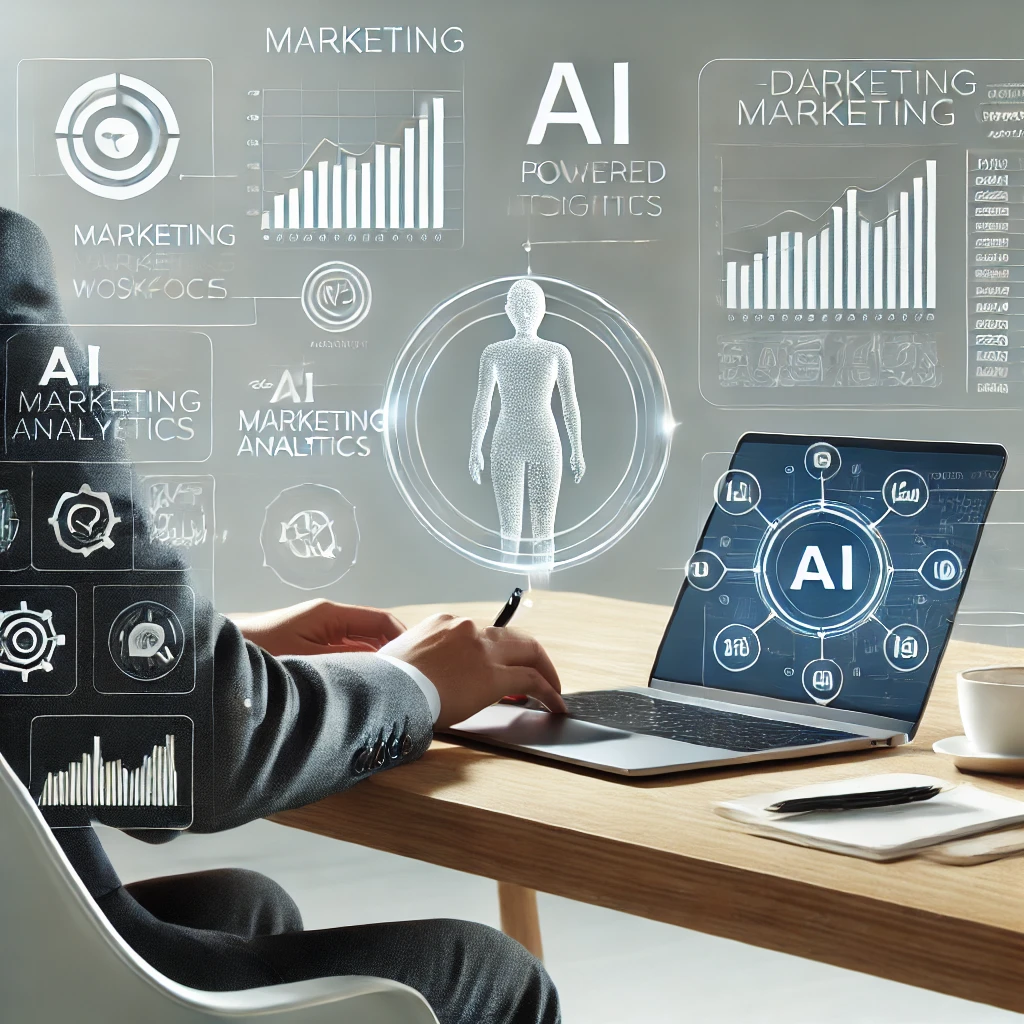 A professional in a minimalist marketing workspace uses AI-powered tools. A laptop displays marketing analytics and a chatbot interface, emphasizing the efficiency of AI-driven marketing strategies.