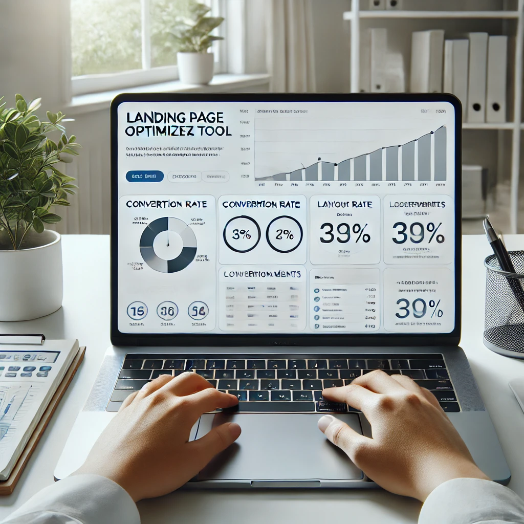 A marketer in a modern, minimalist workspace uses an AI-powered landing page optimizer tool on a laptop. The screen displays key insights on conversion rates and layout improvements, highlighting AI-driven efficiency in digital marketing.
