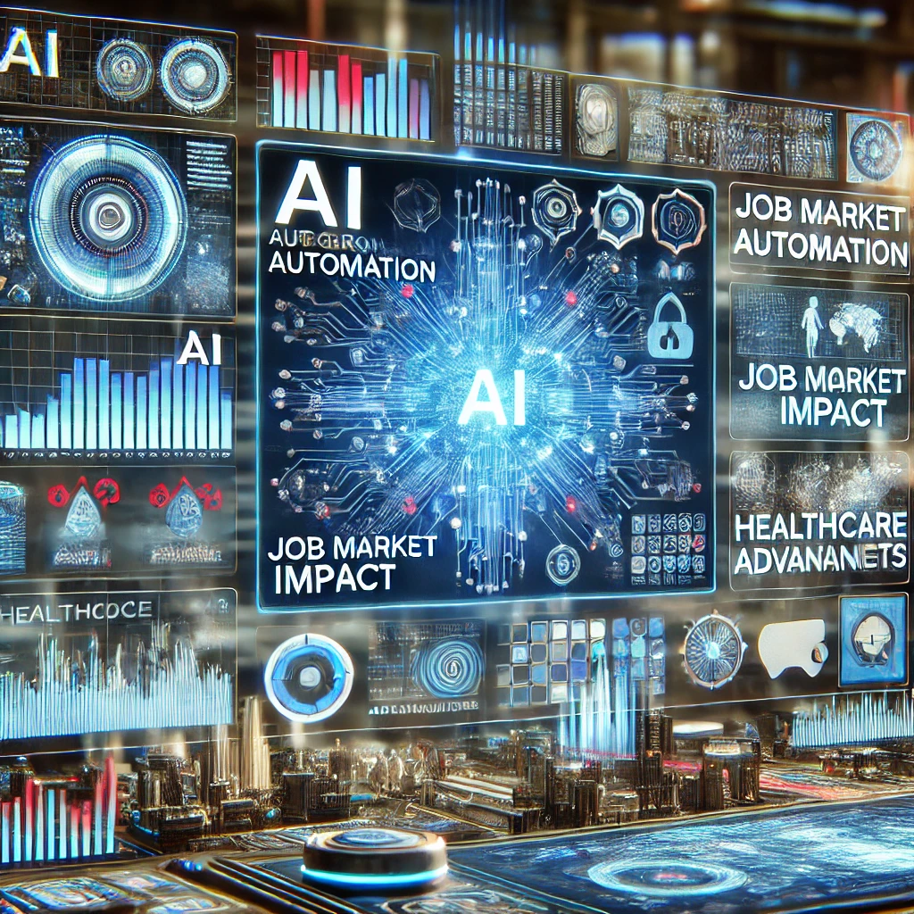 A futuristic digital dashboard displaying AI-related statistics, charts, and graphs. The visuals highlight AI growth, automation, job market impact, and healthcare advancements in a sleek, tech-driven environment.