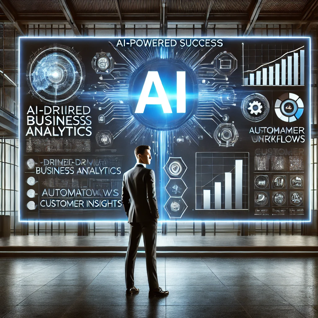 A confident entrepreneur stands in a sleek, modern office, analyzing AI-powered business insights on a large digital display. The screen showcases analytics, automation workflows, and customer data, highlighting AI’s role in business transformation.