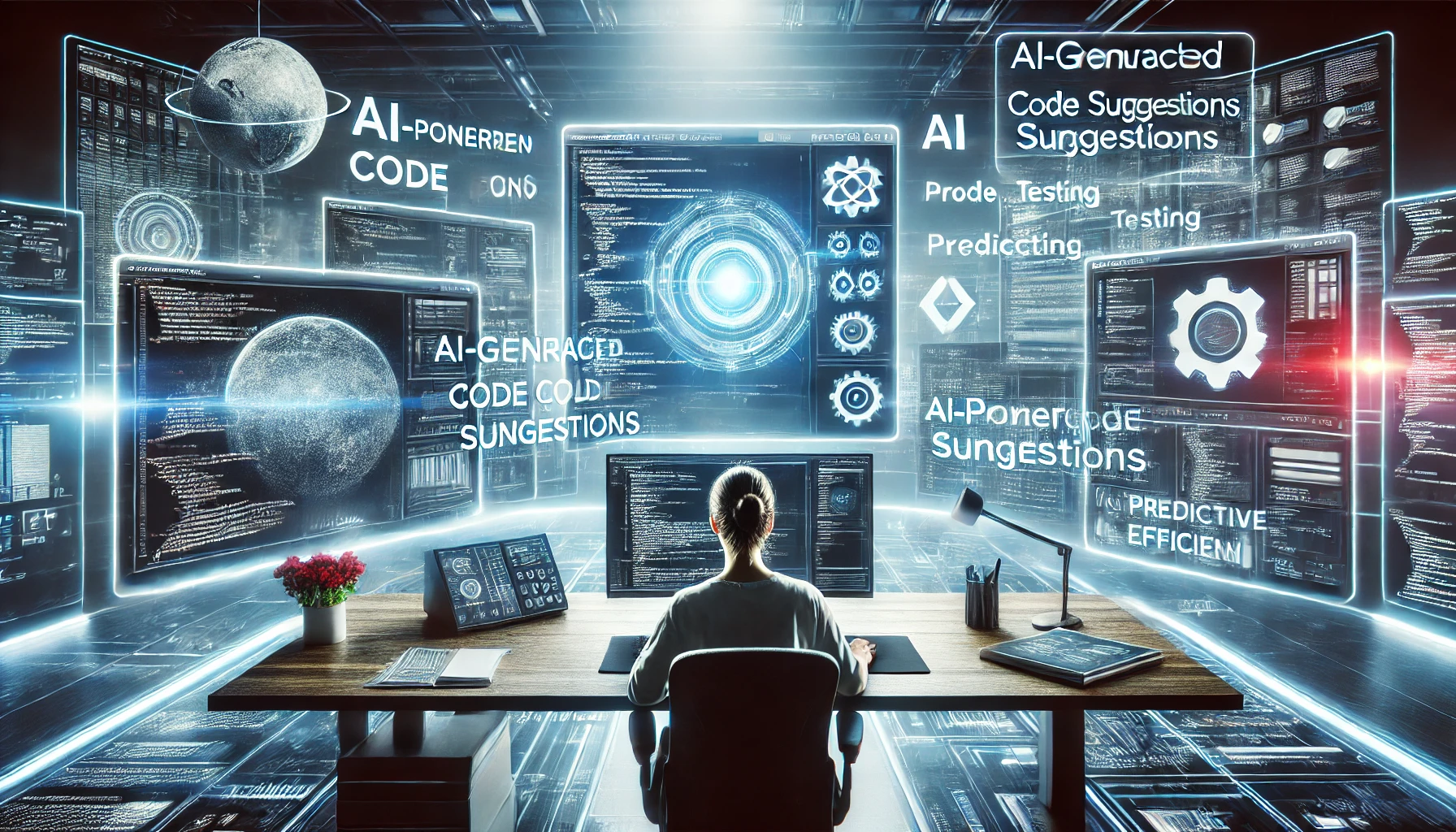 A developer in a futuristic, high-tech workspace uses AI-powered coding tools. Multiple screens display AI-generated code suggestions, automated testing, and predictive analytics, symbolizing the future of AI-enhanced software development.
