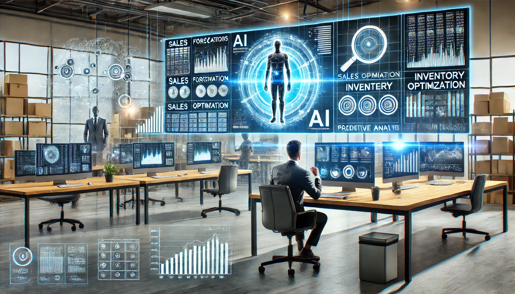 An e-commerce entrepreneur in a modern workspace analyzes AI-powered predictive analytics on multiple screens. The displays show sales forecasts, inventory optimization, and customer behavior insights, emphasizing AI’s role in e-commerce success.
