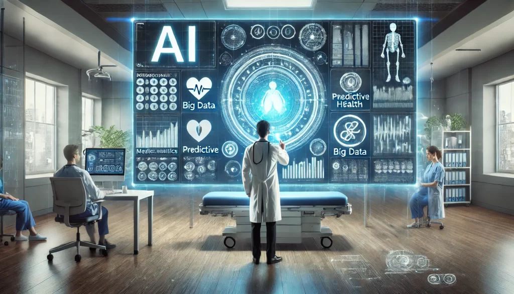 A doctor in a futuristic healthcare setting interacts with an AI-powered diagnostic screen displaying medical analytics, predictive health insights, and patient data, showcasing the role of AI and big data in modern healthcare.