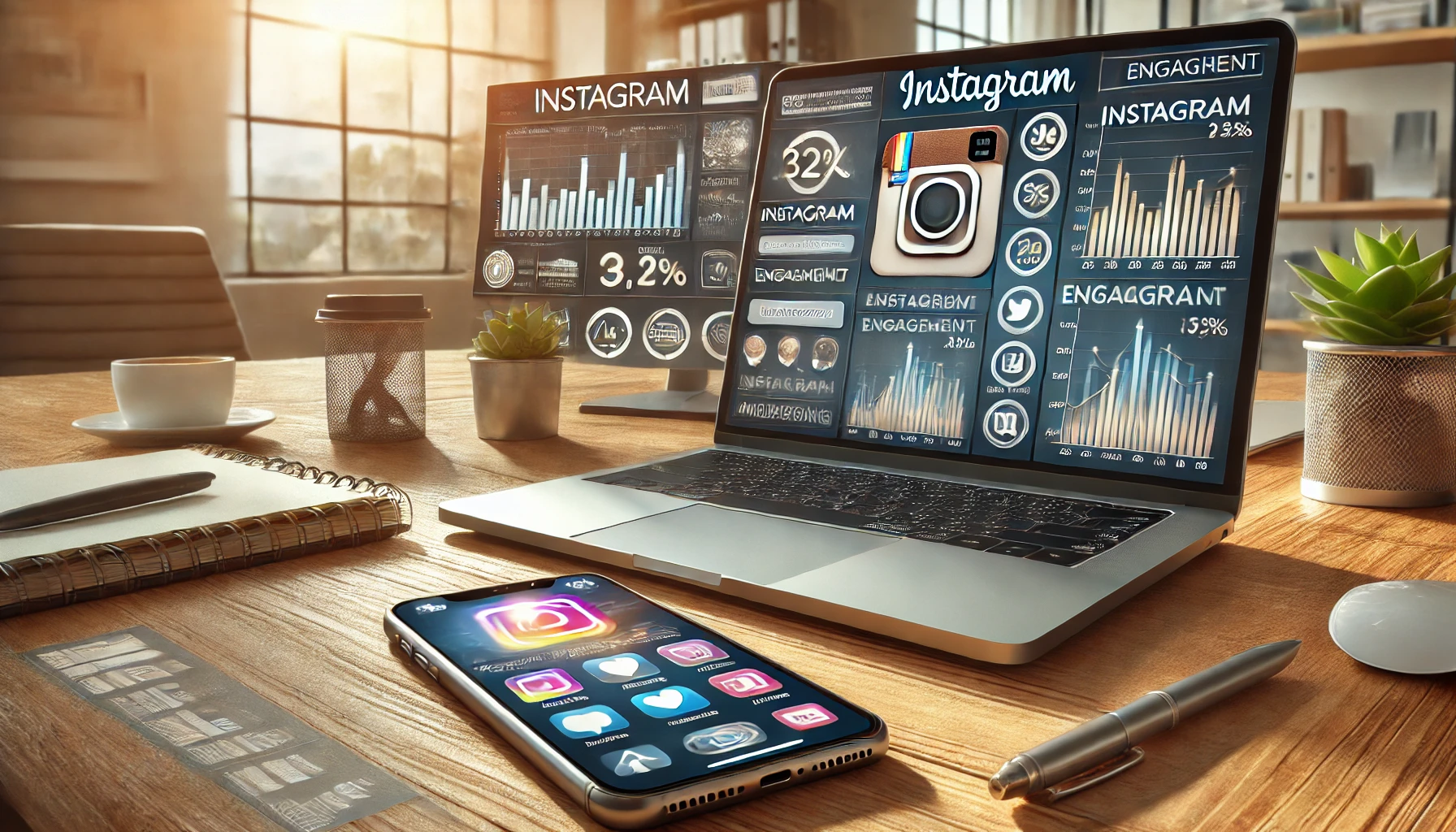 A business owner uses Instagram for marketing, analyzing engagement metrics on a laptop and smartphone. The bright, modern workspace highlights the power of social media in business growth.