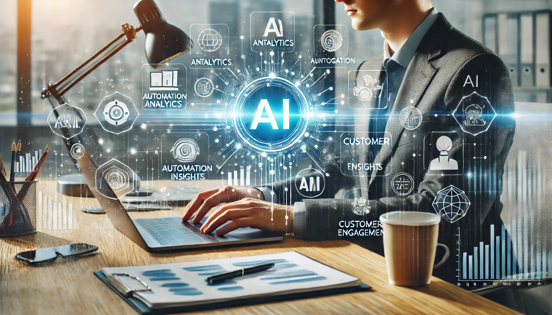 A small business owner in a professional workspace uses AI tools on a laptop to analyze AI-driven analytics, automation insights, and customer engagement metrics, showcasing how AI supports SME growth.