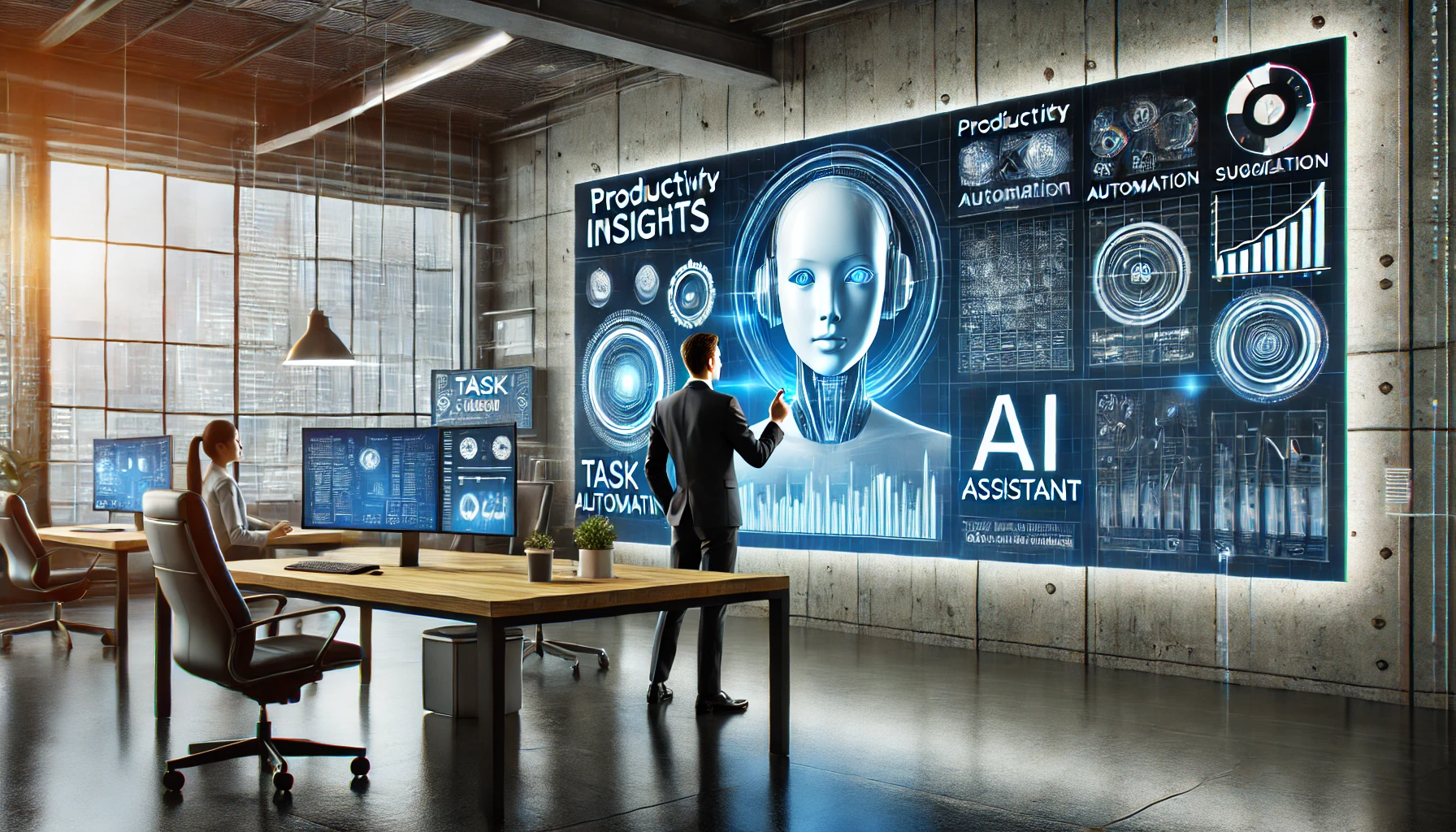 A professional in a modern workspace interacts with an AI assistant displayed on a large screen, showcasing productivity insights, task automation, and workflow optimization in a sleek, tech-driven environment.