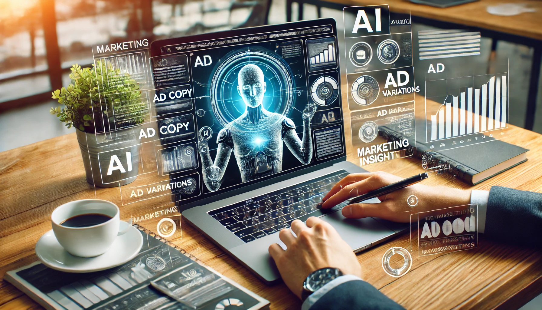 A marketing professional in a modern workspace uses an AI-powered tool on a laptop to generate ad copy from an image. The screen displays ad variations, a product image, and marketing insights, showcasing AI’s role in digital advertising.