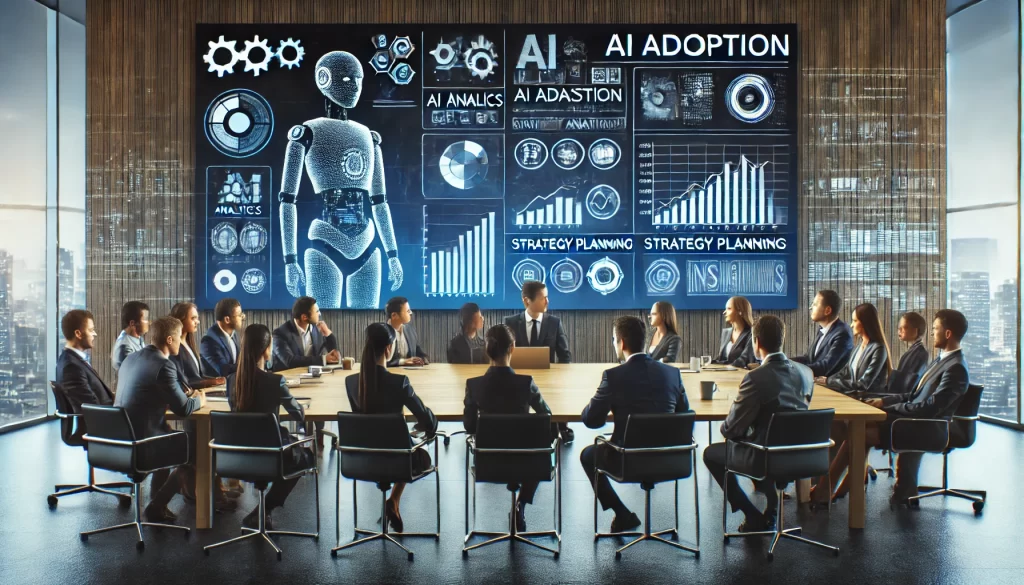 Business leaders in a modern conference room discuss AI adoption, analyzing strategy planning, AI analytics, and data-driven insights on a large screen, emphasizing collaboration in AI integration.