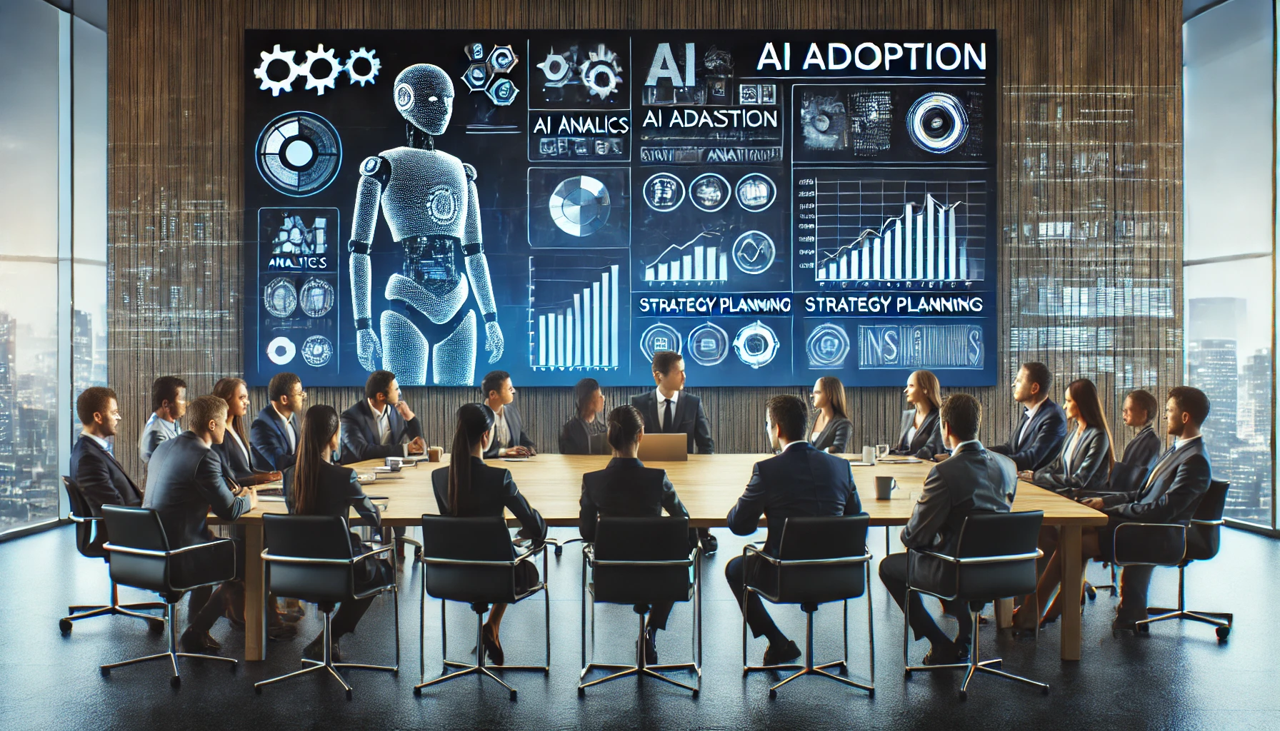 Business leaders in a modern conference room discuss AI adoption, analyzing strategy planning, AI analytics, and data-driven insights on a large screen, emphasizing collaboration in AI integration.