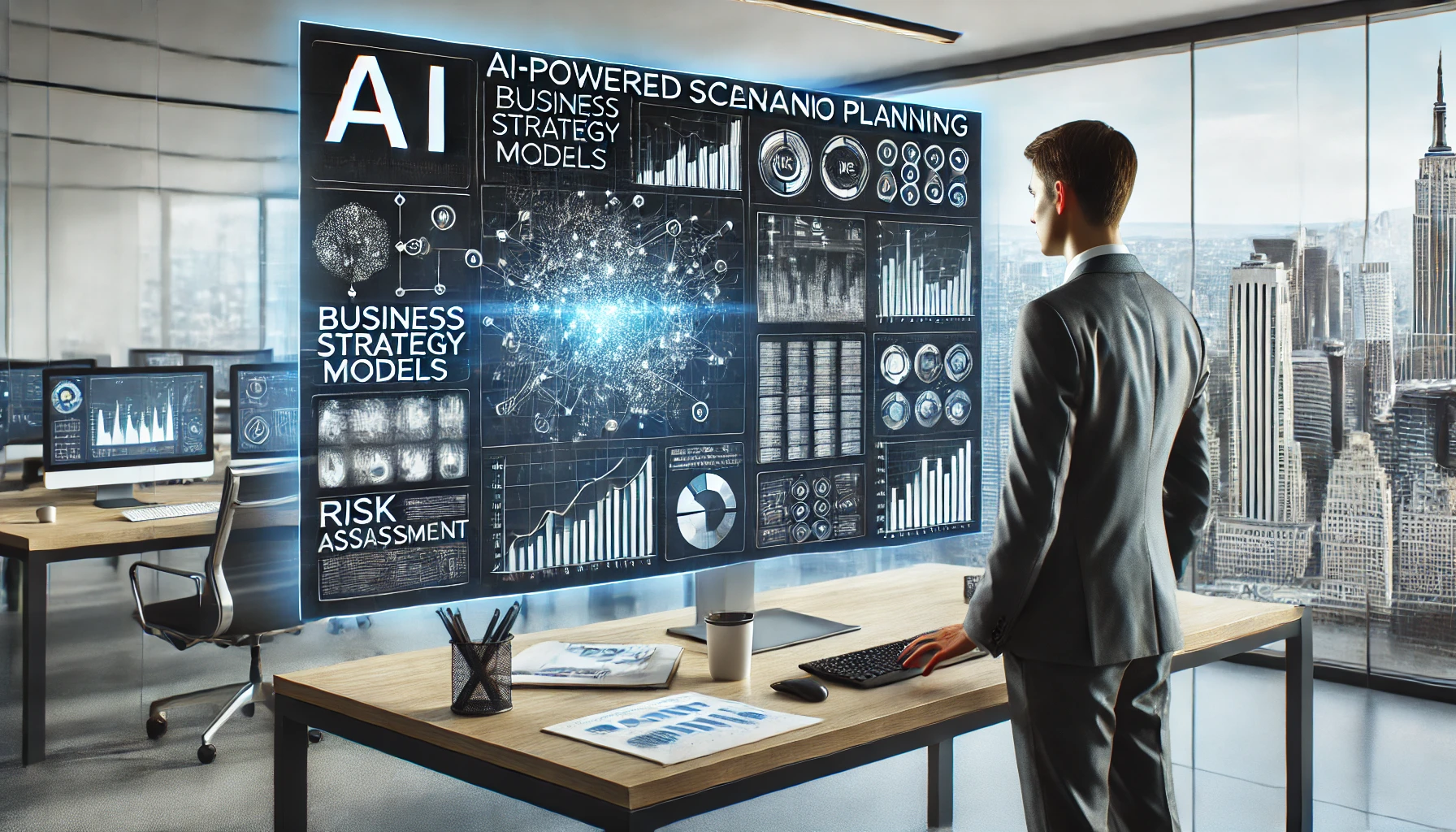 A business professional in a modern workspace uses an AI-powered scenario planning tool on a large screen, displaying business strategy models, risk assessment charts, and data-driven insights for strategic decision-making.