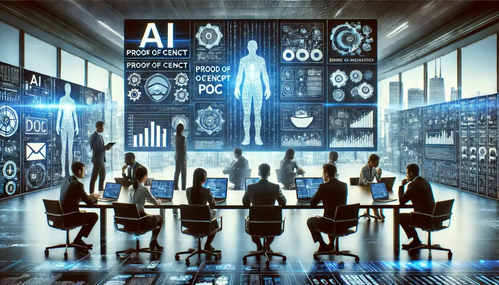 AI developers and business leaders collaborate in a high-tech workspace, analyzing AI model testing, data insights, and feasibility assessments for a Proof of Concept (PoC) project, emphasizing teamwork and strategic AI implementation.
