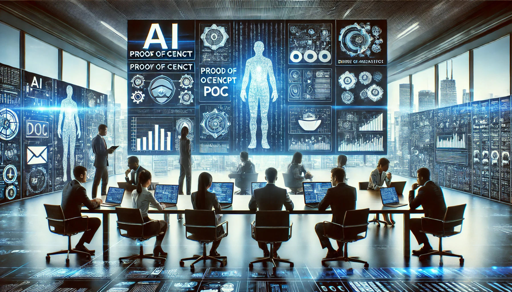AI developers and business leaders collaborate in a high-tech workspace, analyzing AI model testing, data insights, and feasibility assessments for a Proof of Concept (PoC) project, emphasizing teamwork and strategic AI implementation.