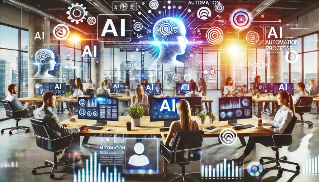A startup team in a modern office collaborates using AI-powered tools. Multiple screens display AI-driven analytics, automation processes, and marketing insights, highlighting AI’s role in accelerating startup success.