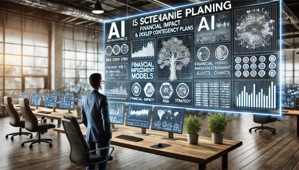 A business leader in a modern office uses an AI-powered scenario planning tool on a large screen, analyzing financial impact models, risk assessments, and strategy simulations.