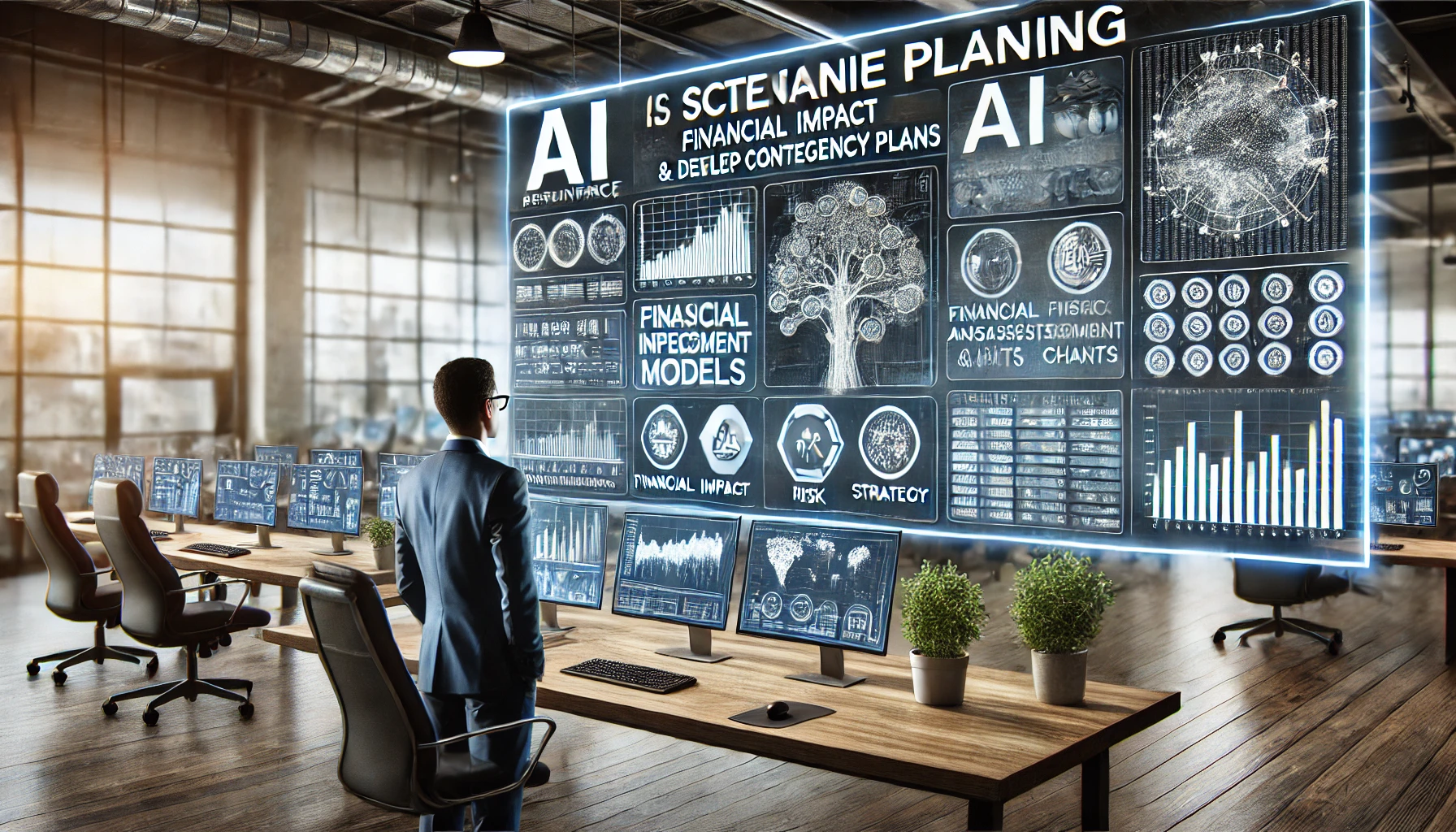 A business leader in a modern office uses an AI-powered scenario planning tool on a large screen, analyzing financial impact models, risk assessments, and strategy simulations.