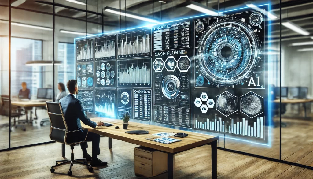 A financial analyst in a modern office uses an AI-powered financial forecasting tool on a large screen, analyzing projections, cash flow trends, and strategic insights.
