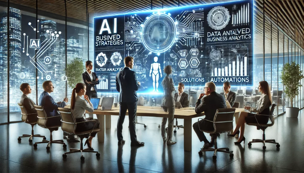 Business executives in a high-tech office consult with an AI expert. A large screen displays AI-driven business strategies, data analytics, and automation solutions.
