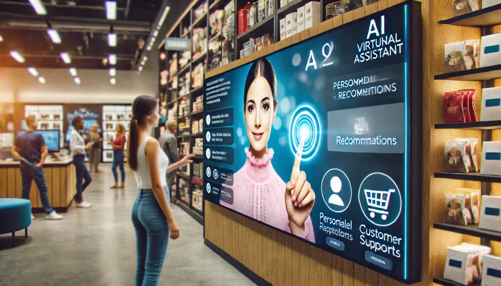 A customer interacts with an AI-powered virtual assistant on a touchscreen in a modern retail or service environment, receiving personalized recommendations and support.