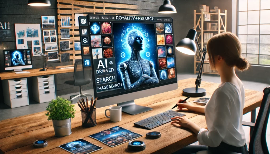 A marketing professional uses an AI-powered tool on a large screen to find royalty-free images, displaying an AI-driven image search interface with filters and curated visuals.