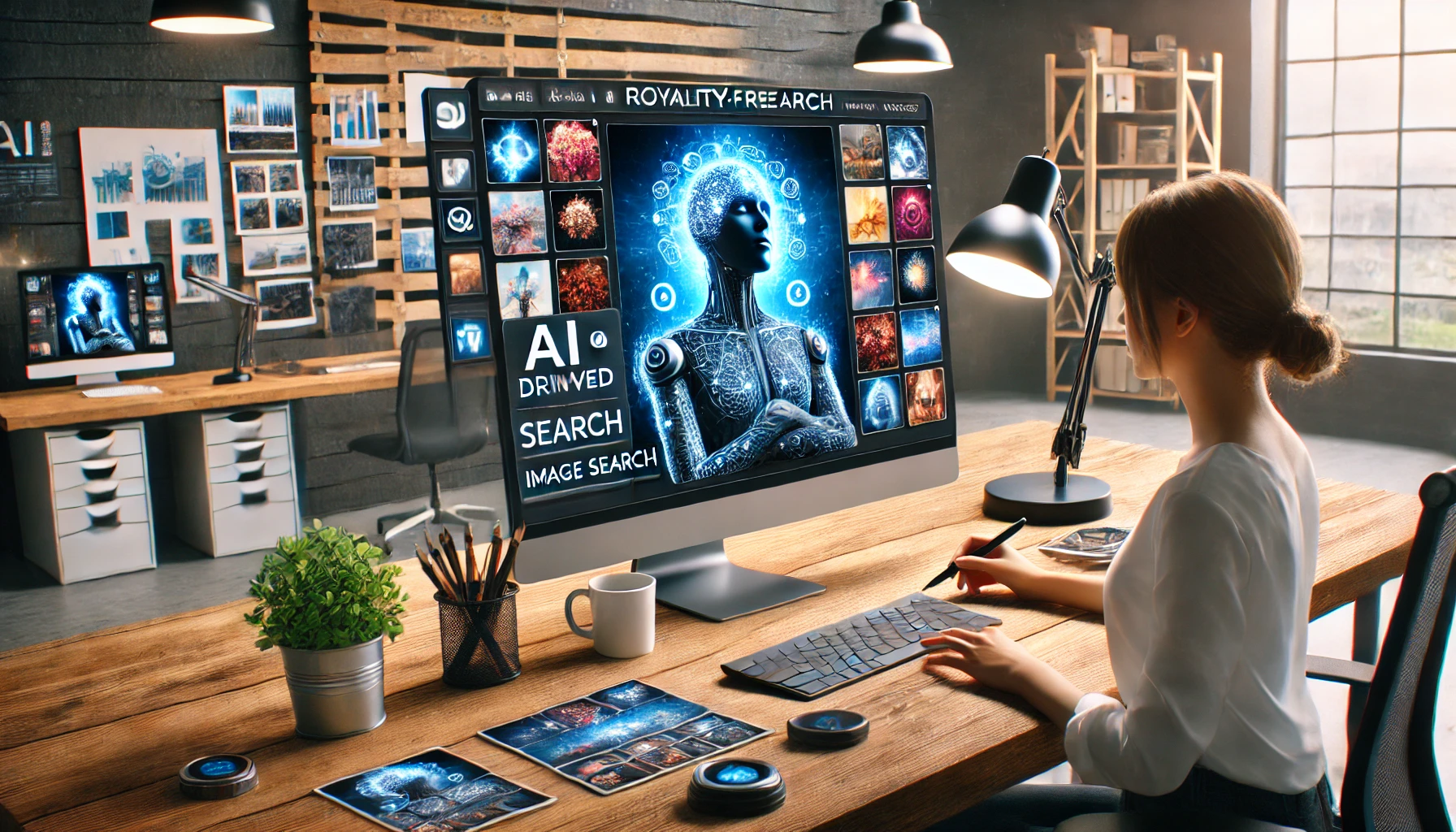 A marketing professional uses an AI-powered tool on a large screen to find royalty-free images, displaying an AI-driven image search interface with filters and curated visuals.