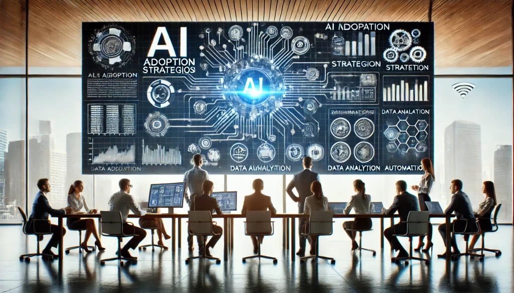 A business team collaborates in a modern office on AI integration, analyzing AI adoption strategies, data insights, and workflow automation on a large screen.