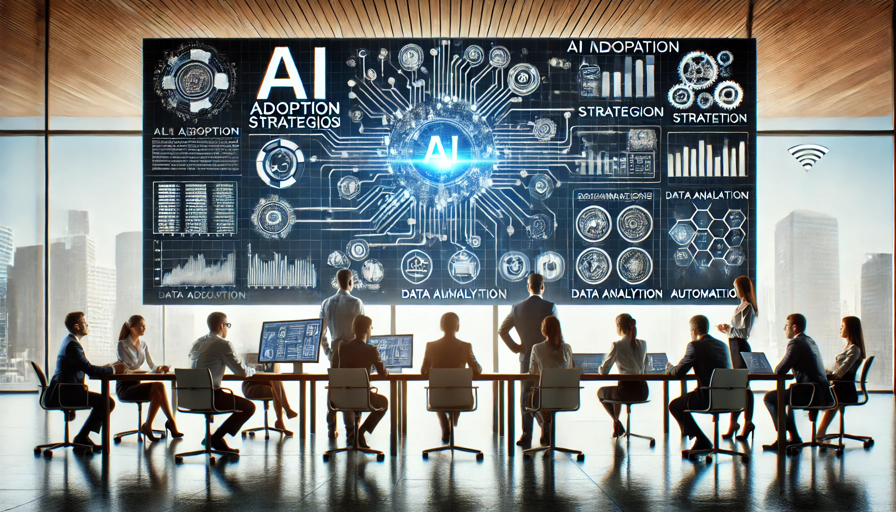 A business team collaborates in a modern office on AI integration, analyzing AI adoption strategies, data insights, and workflow automation on a large screen.