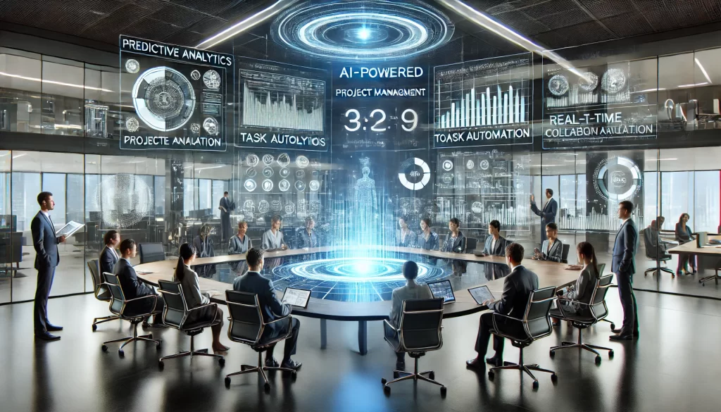 A diverse team collaborates in a high-tech conference room with holographic screens displaying AI-driven project insights, predictive analytics, and task automation in a sleek, modern office setting.