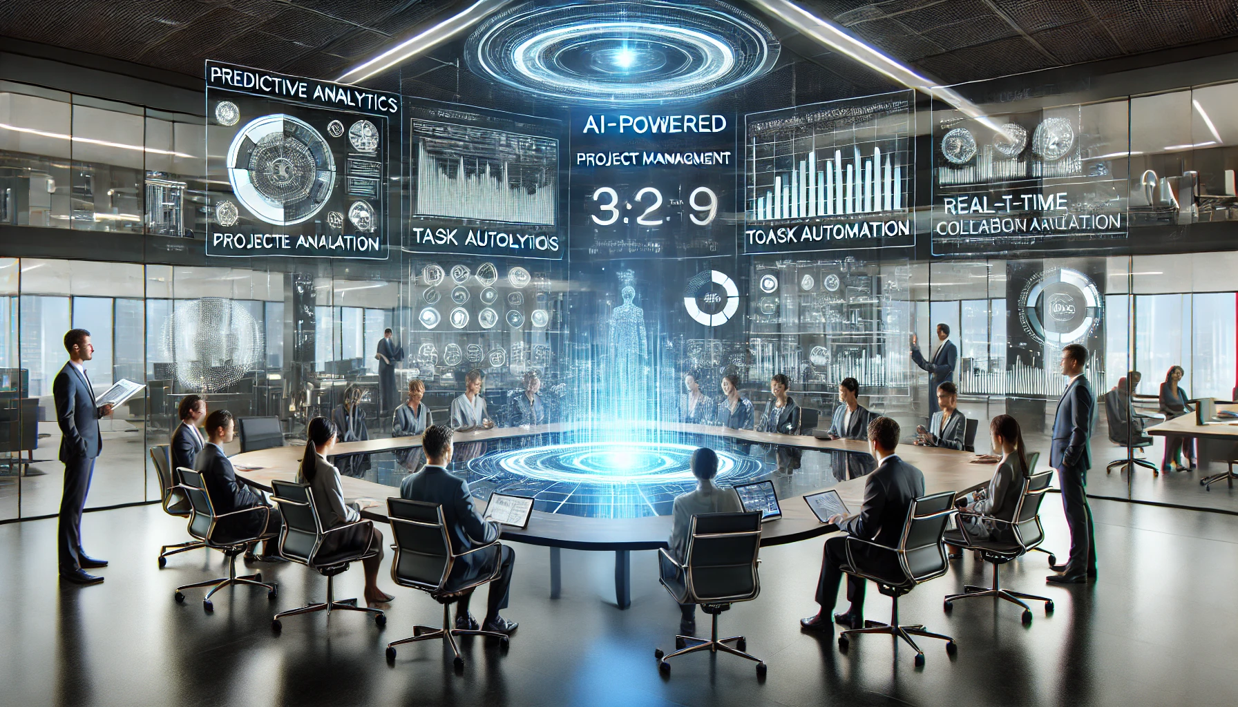 A diverse team collaborates in a high-tech conference room with holographic screens displaying AI-driven project insights, predictive analytics, and task automation in a sleek, modern office setting.